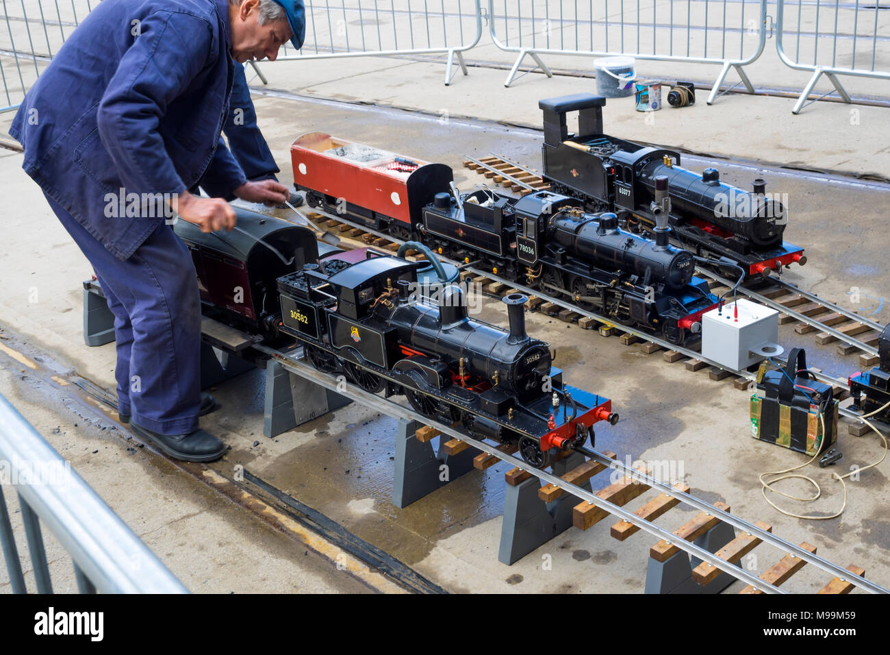 The Ground Level 5" Gauge Mainline Association model train steam  locomotives being prepared for running at the NRM Shildon UK Stock Photo -  Alamy
