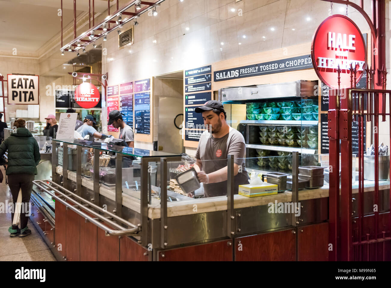 New York, USA - October 29, 2017: Grand central terminal food court healthy restaurant in New York City with people in store shop ordering counter, di Stock Photo