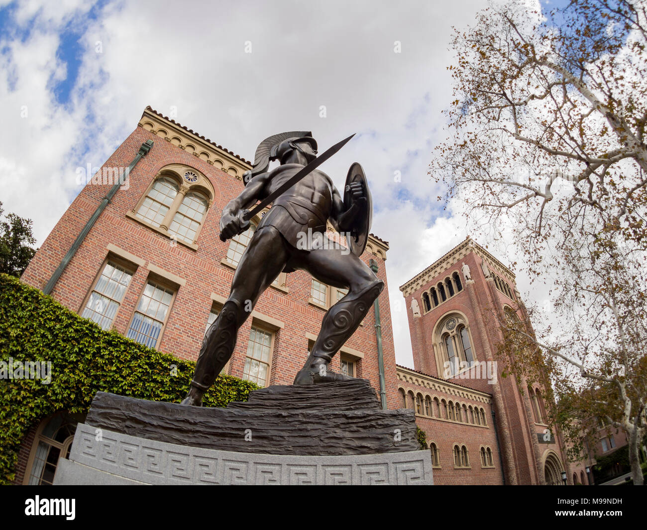 Los Angeles, MAR 16: Exterior view of the beautiful Tommy Trojan and Bovard Aministration buiding in USC on MAR 16, 2018 at Los Angeles, California Stock Photo