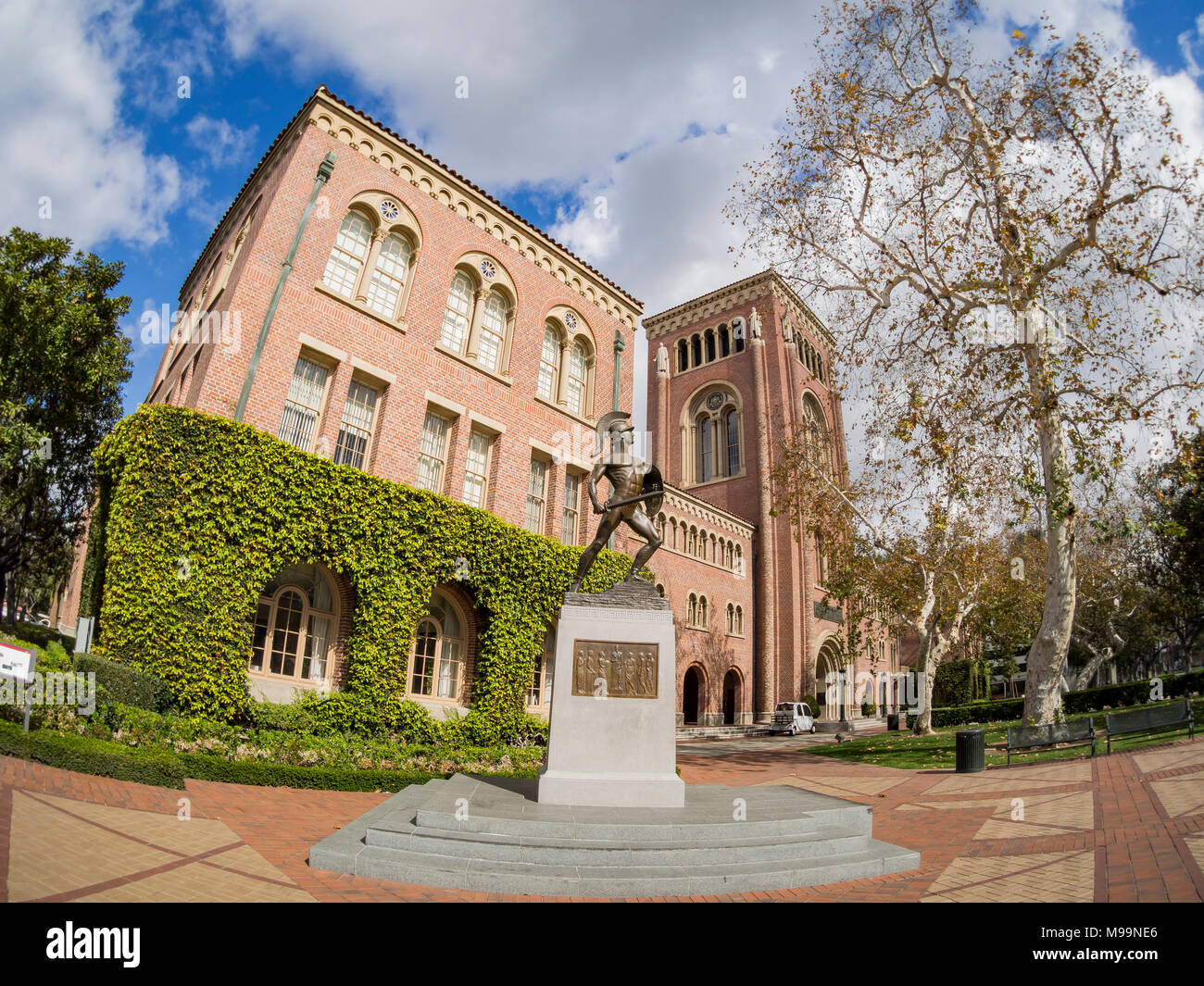 Los Angeles, MAR 16: Exterior view of the beautiful Tommy Trojan and Bovard Aministration buiding in USC on MAR 16, 2018 at Los Angeles, California Stock Photo