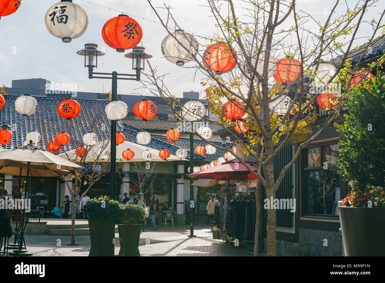 Los Angeles, MAR 3: Many red and white lanterns hanging over the Japanese Village Plaza on MAR 3, 2018 at Los Angeles Stock Photo