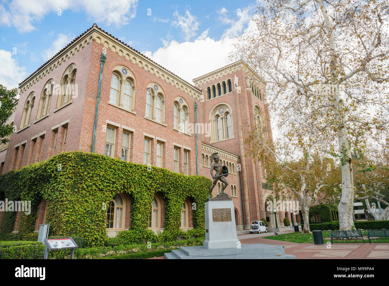 Los Angeles, MAR 16: Exterior view of the beautiful Tommy Trojan and Bovard Aministration buiding in USC on MAR 16, 2018 at Los Angeles, California Stock Photo