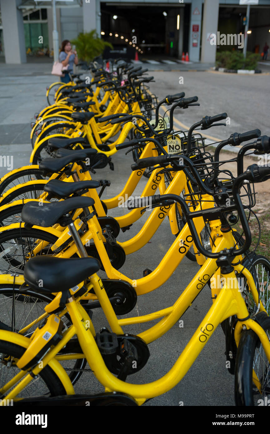 22.03.2018, Singapore, Republic of Singapore, Asia - Parked Ofo rental bikes in Marina Bay. The station-free rental bikes are distributed across town. Stock Photo