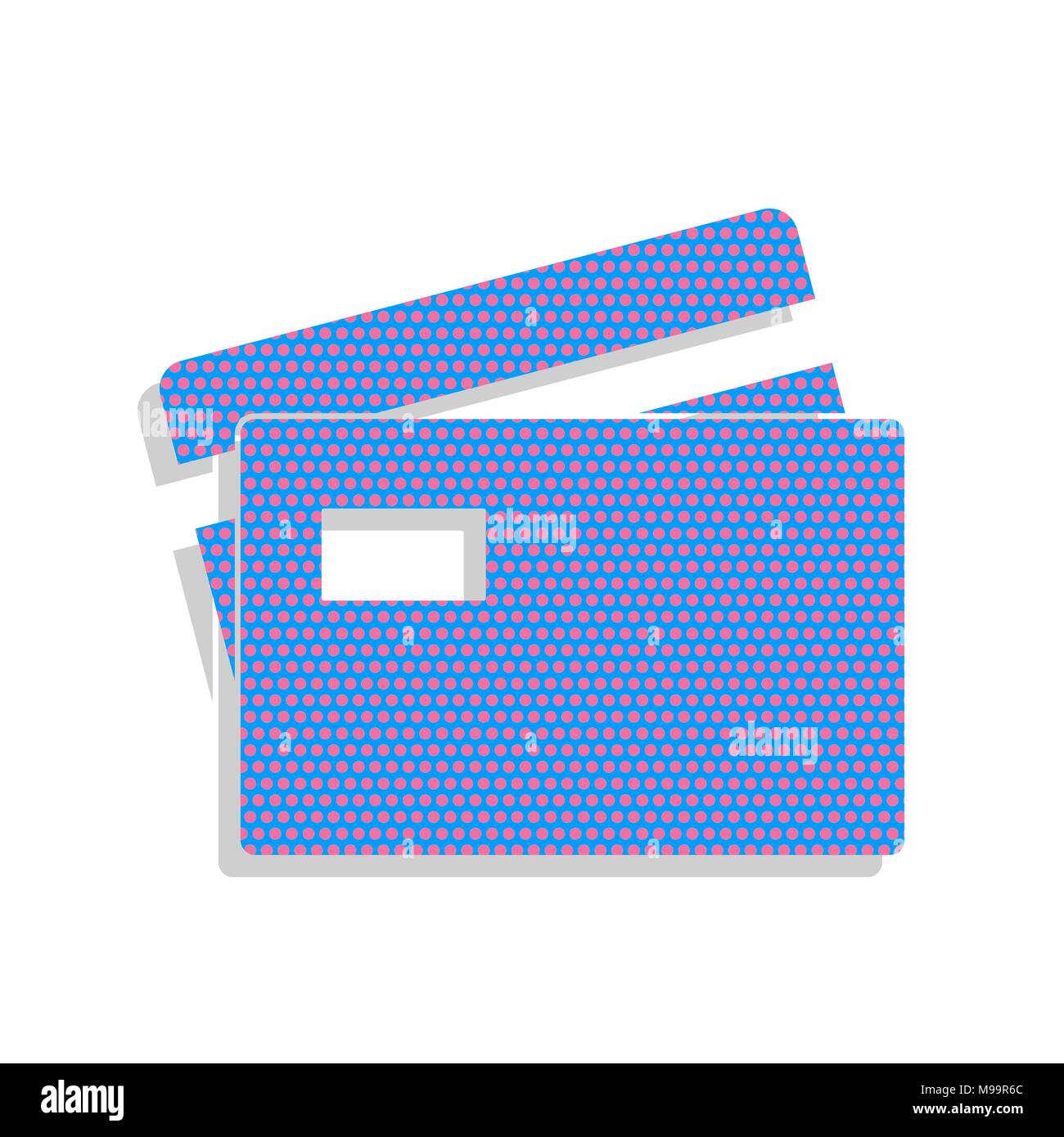 Credit Card sign. Vector. Neon blue icon with cyclamen polka dots pattern with light gray shadow on white background. Isolated. Stock Vector