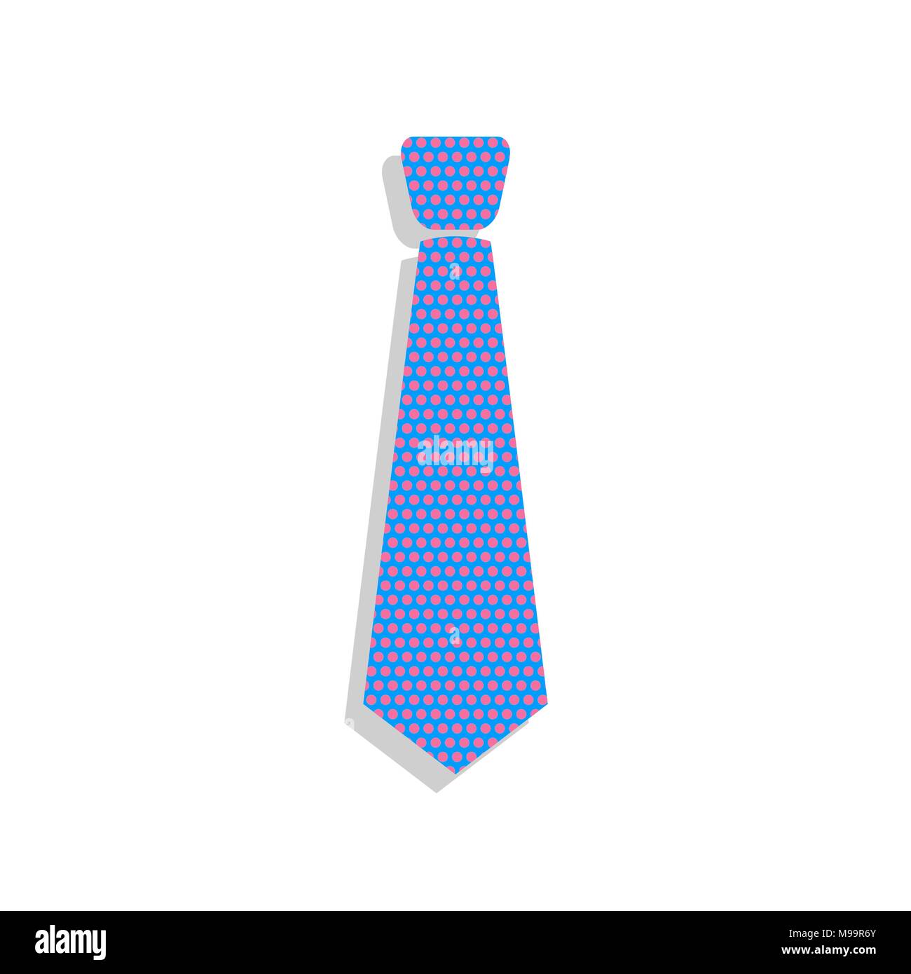 Tie sign illustration. Vector. Neon blue icon with cyclamen polka dots pattern with light gray shadow on white background. Isolated. Stock Vector