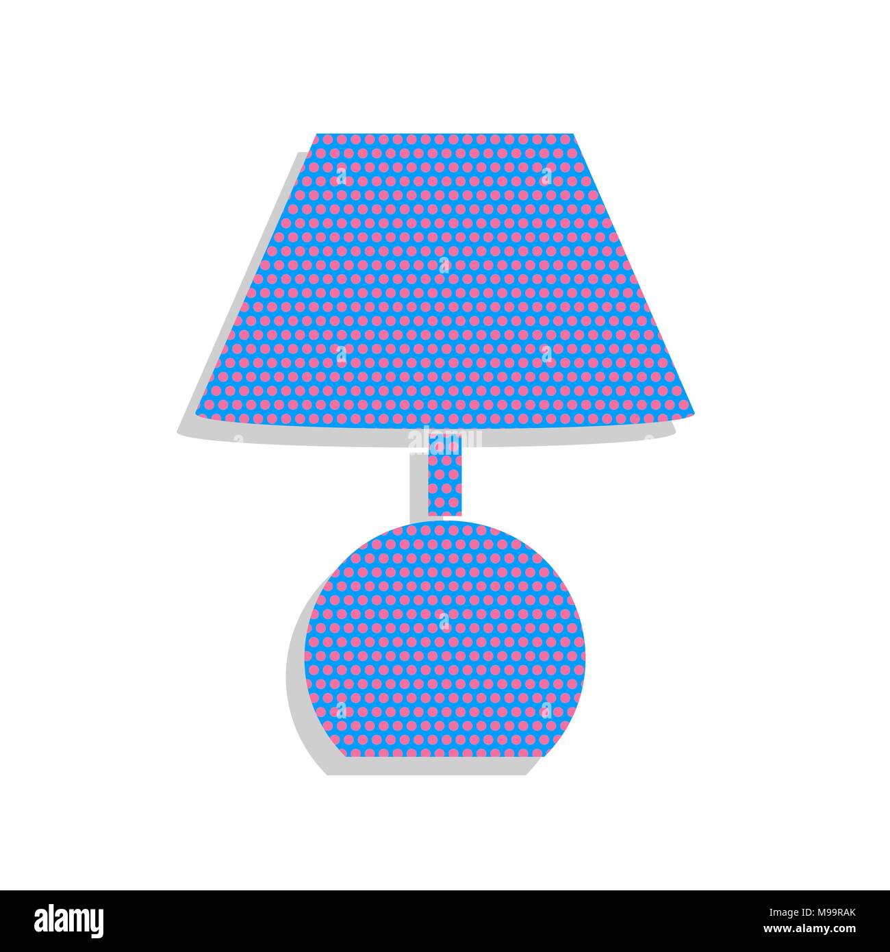 Lamp sign illustration. Vector. Neon blue icon with cyclamen polka dots pattern with light gray shadow on white background. Isolated. Stock Vector