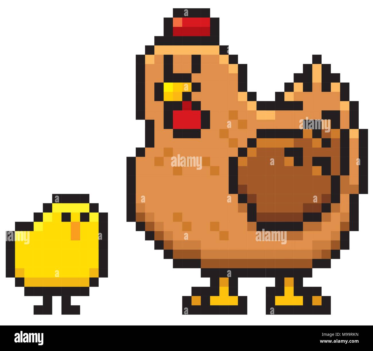 Vector illustration of cartoon Hen and chick - Pixel design Stock Vector