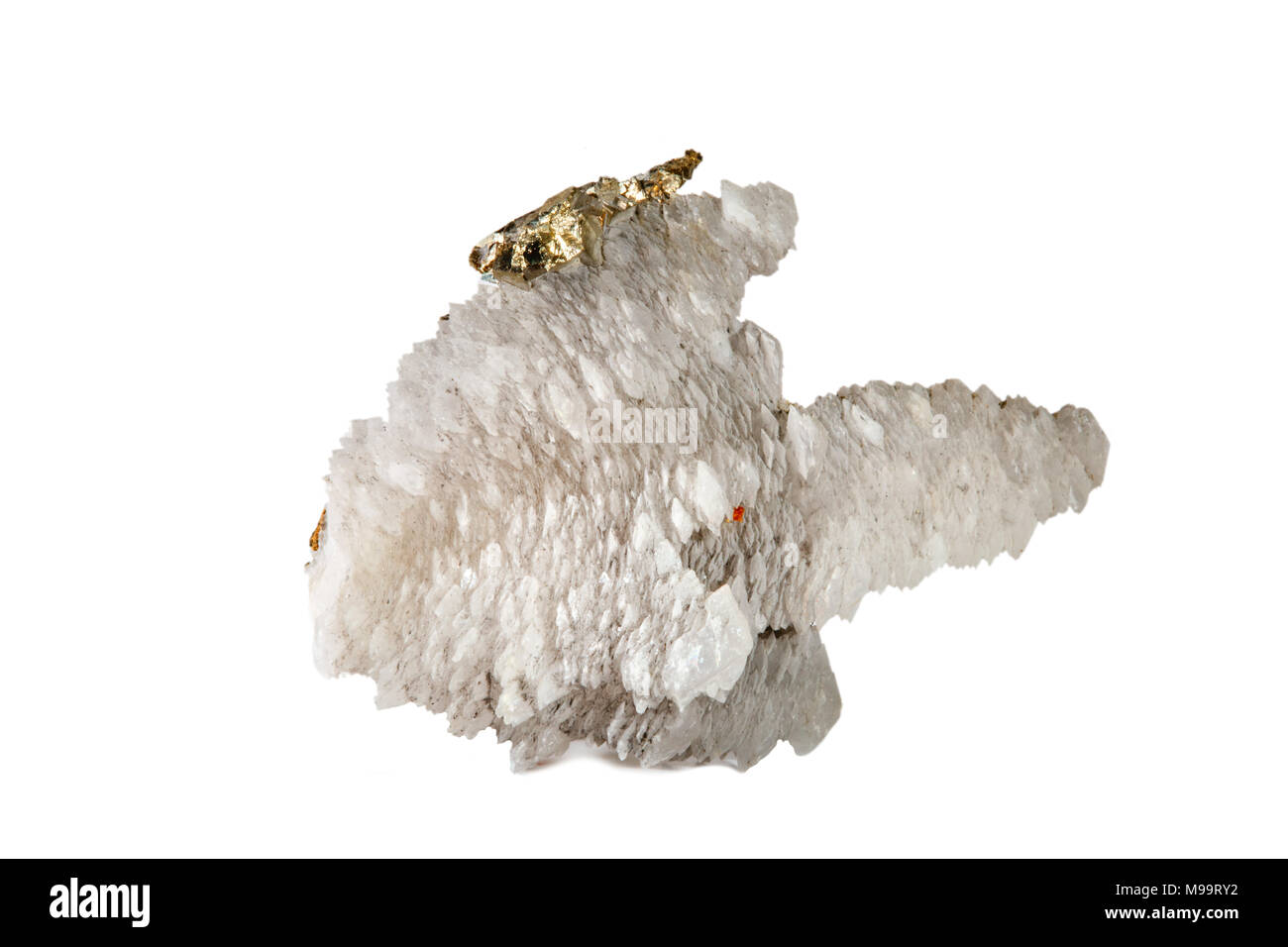 Macro shooting of natural gemstone. Raw calcite mineral with pyrite. Isolated object on a white background. Stock Photo