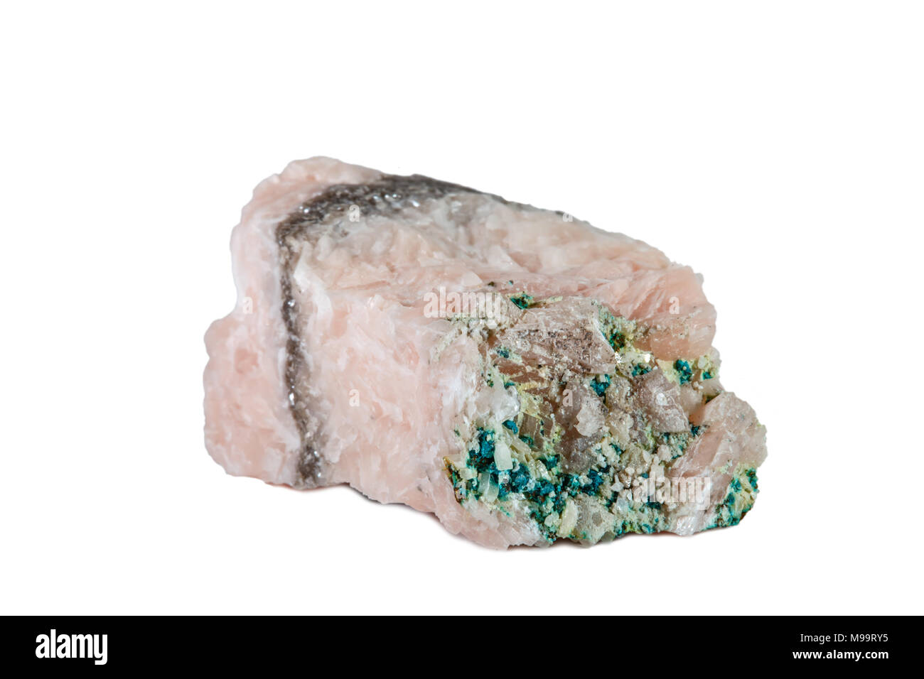 Macro shooting of natural gemstone. Raw mineral dolomite, Morocco. Isolated object on a white background. Stock Photo