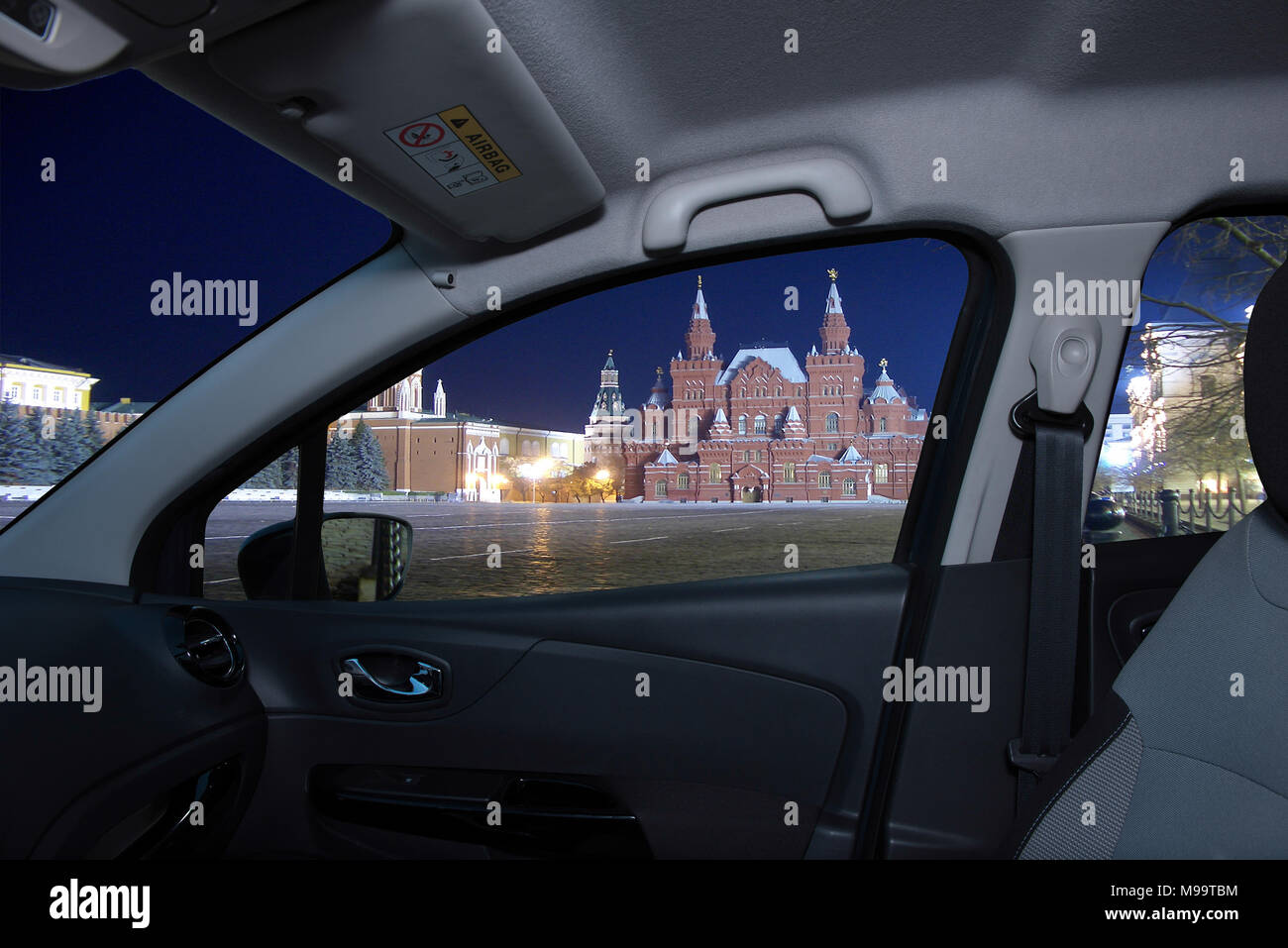 Looking Through A Car Window With View Of Red Square At Night