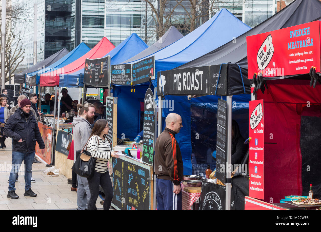 Lyric Square market stalls, King Street, Hammersmith, London, W8 Stock