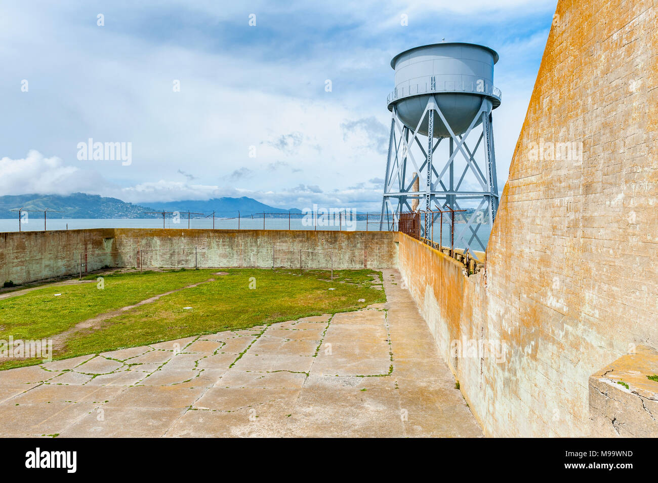 Exercise yard on Alcatraz Island, San Francisco, USA. Alcatraz was a federal prison from 1934 to 1963 and is a museum as of today. Stock Photo