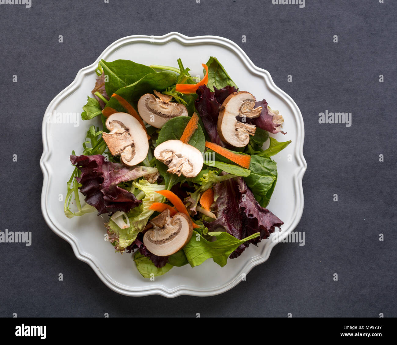 Unseasoned organic mixed greens, carrots and mushrooms salad  in white plate bowl, on dark background, top view-diet food concept Stock Photo