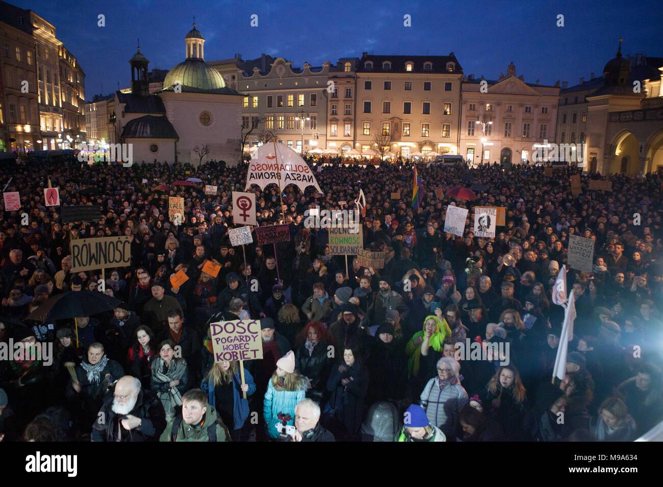 Krakow, Poland. 23rd March, 2018. Black Protest, Black Friday, Tens of thousands of Poles dressed in black protested across the country on Friday against an attempt by the ruling conservatives and the powerful Catholic Church to ban most abortions, The “Stop Abortion” draft bill, opposed by numerous rights groups, would remove the main legal recourse Polish women have for getting a termination in a country that already has one of the most restrictive abortion laws in the European Union. Credit: Ania Freindorf/Alamy Live News Stock Photo