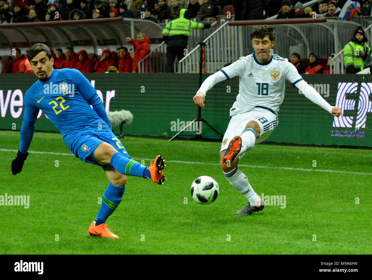 Moscow, Russia - March 23, 2018. Russian left winger Yuri Zhirkov against Brazilian rightback Fagner during international test match Russia vs Brazil in Moscow. Credit: Alizada Studios/Alamy Live News Stock Photo