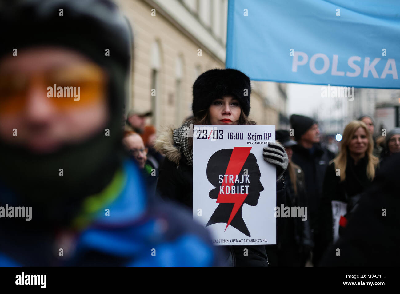 Warsaw, Poland. 23rd March, 2018. People attend protests against proposed anti-abortion draft law reffered by civil initiative in Polish Parliament. The issue of separating state and religion was also held, as Catholic Church was one of the main factors in political decisions. Stock Photo
