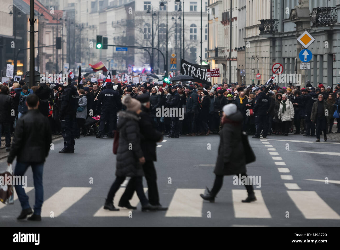 Warsaw, Poland. 23rd March, 2018. People attend protests against proposed anti-abortion draft law reffered by civil initiative in Polish Parliament. The issue of separating state and religion was also held, as Catholic Church was one of the main factors in political decisions. Stock Photo