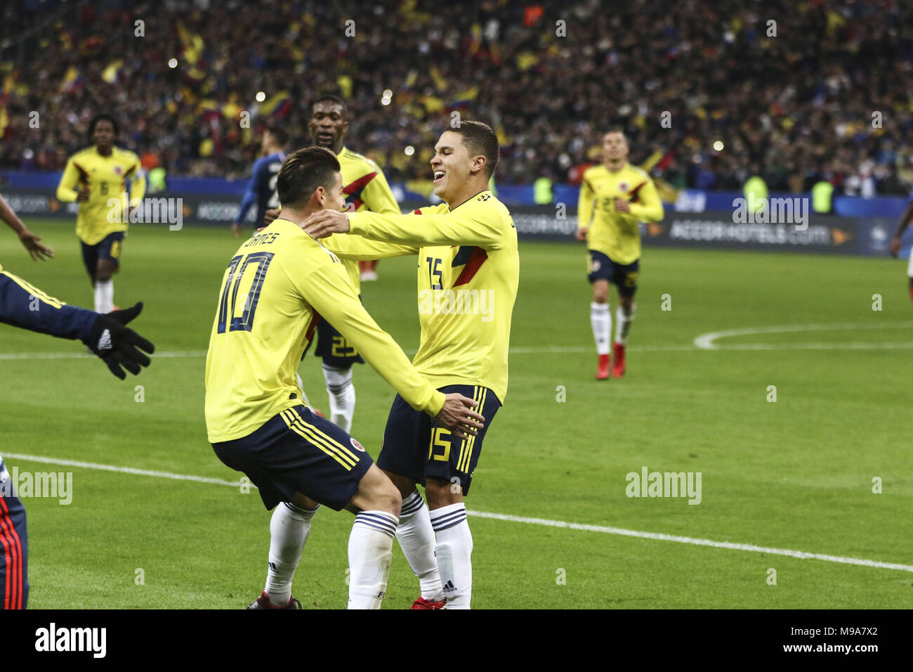 Paris, France. 23rd Mar, 2018. Juan Fernando Quintero and James Rodriguez celebrate a goal during the friendly football match between France and Colombia at the Stade de France, in Saint-Denis, on the outskirts of Paris.final score Credit: Elyxandro Cegarra/SOPA Images/ZUMA Wire/Alamy Live News Stock Photo