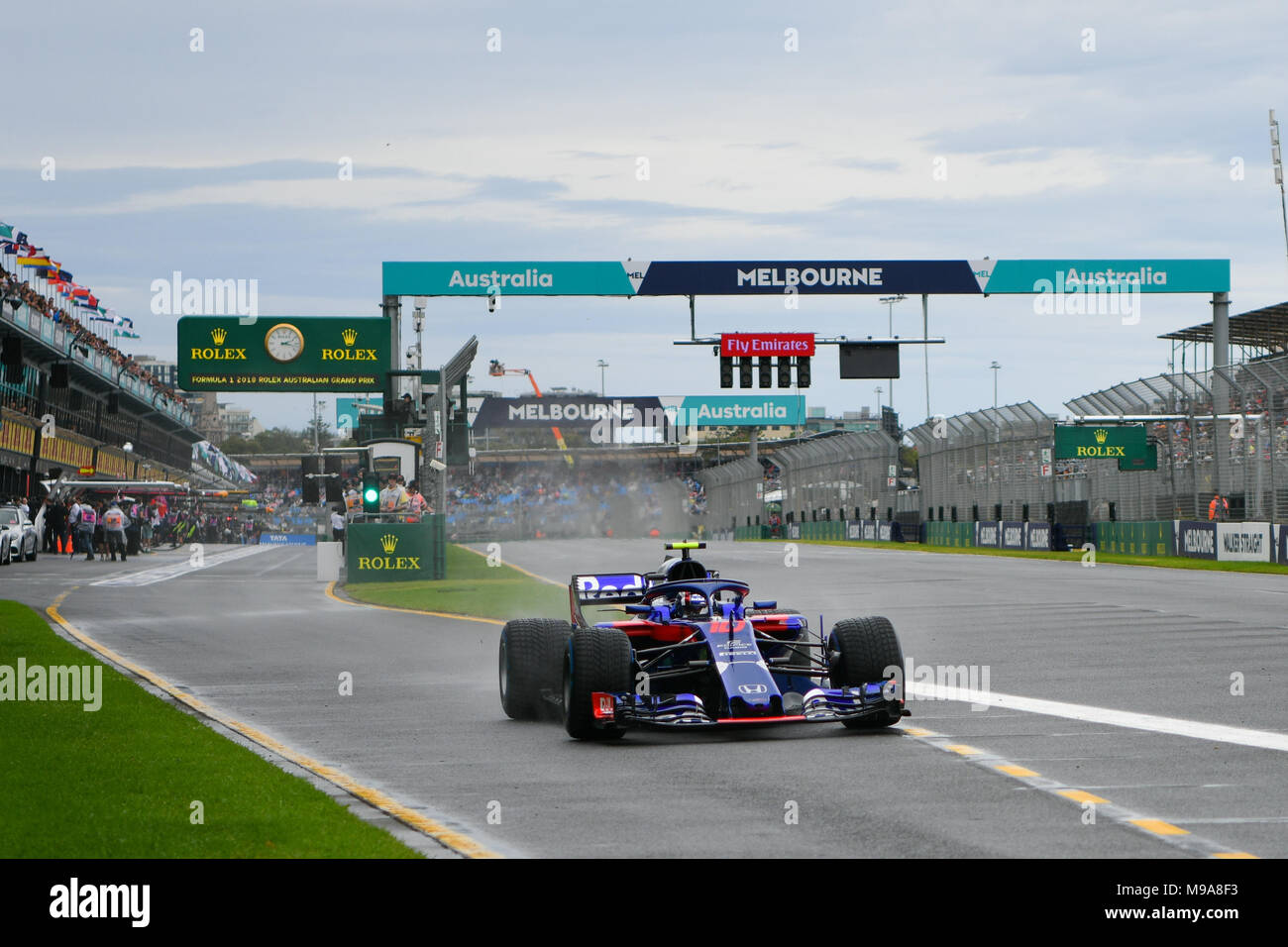 Albert Park, Melbourne, Australia. 24th Mar, 2018. Pierre Gasly (FRA) #10 from the Red Bull Toro Rosso Honda team leaves pit lane during practice session three at the 2018 Australian Formula One Grand Prix at Albert Park, Melbourne, Australia. Sydney Low/Cal Sport Media/Alamy Live News Stock Photo