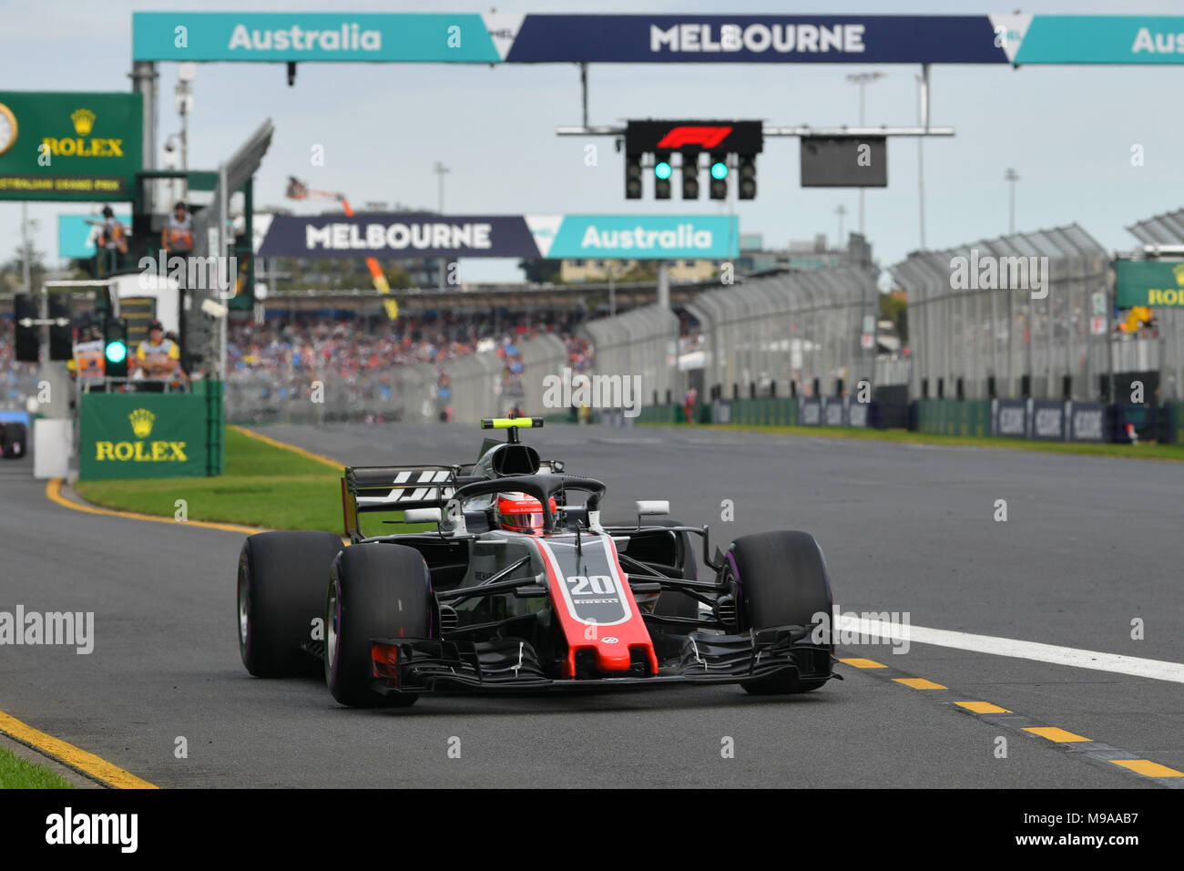 Albert Park, Melbourne, Australia. 24th Mar, 2018. Kevin Magnussen (DEN) #20 from the Haas F1 Team leaves the pit for his qualifying lap at the 2018 Australian Formula One Grand Prix at Albert Park, Melbourne, Australia. Sydney Low/Cal Sport Media/Alamy Live News Stock Photo