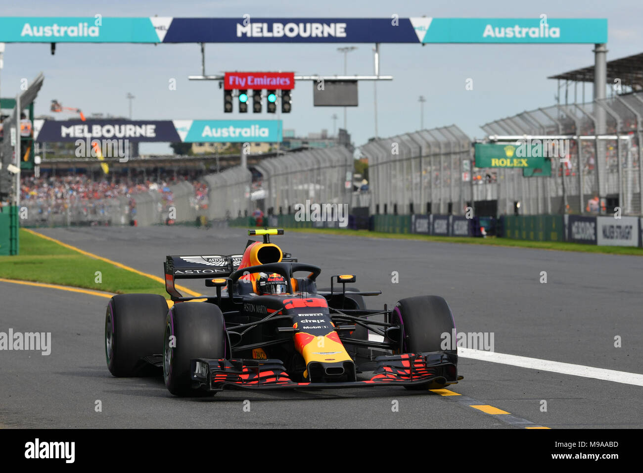 Albert Park, Melbourne, Australia. 24th Mar, 2018. Max Verstappen (NLD) #33 from the Aston Martin Red Bull Racing team leaves the pit for his qualifying lap at the 2018 Australian Formula One Grand Prix at Albert Park, Melbourne, Australia. Sydney Low/Cal Sport Media/Alamy Live News Stock Photo