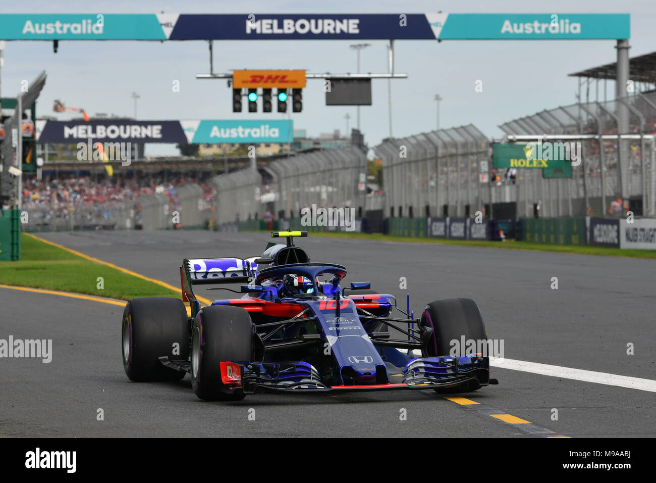 Albert Park, Melbourne, Australia. 24th Mar, 2018. Pierre Gasly (FRA) #10 from the Red Bull Toro Rosso Honda team leaves the pit for his qualifying lap at the 2018 Australian Formula One Grand Prix at Albert Park, Melbourne, Australia. Sydney Low/Cal Sport Media/Alamy Live News Stock Photo