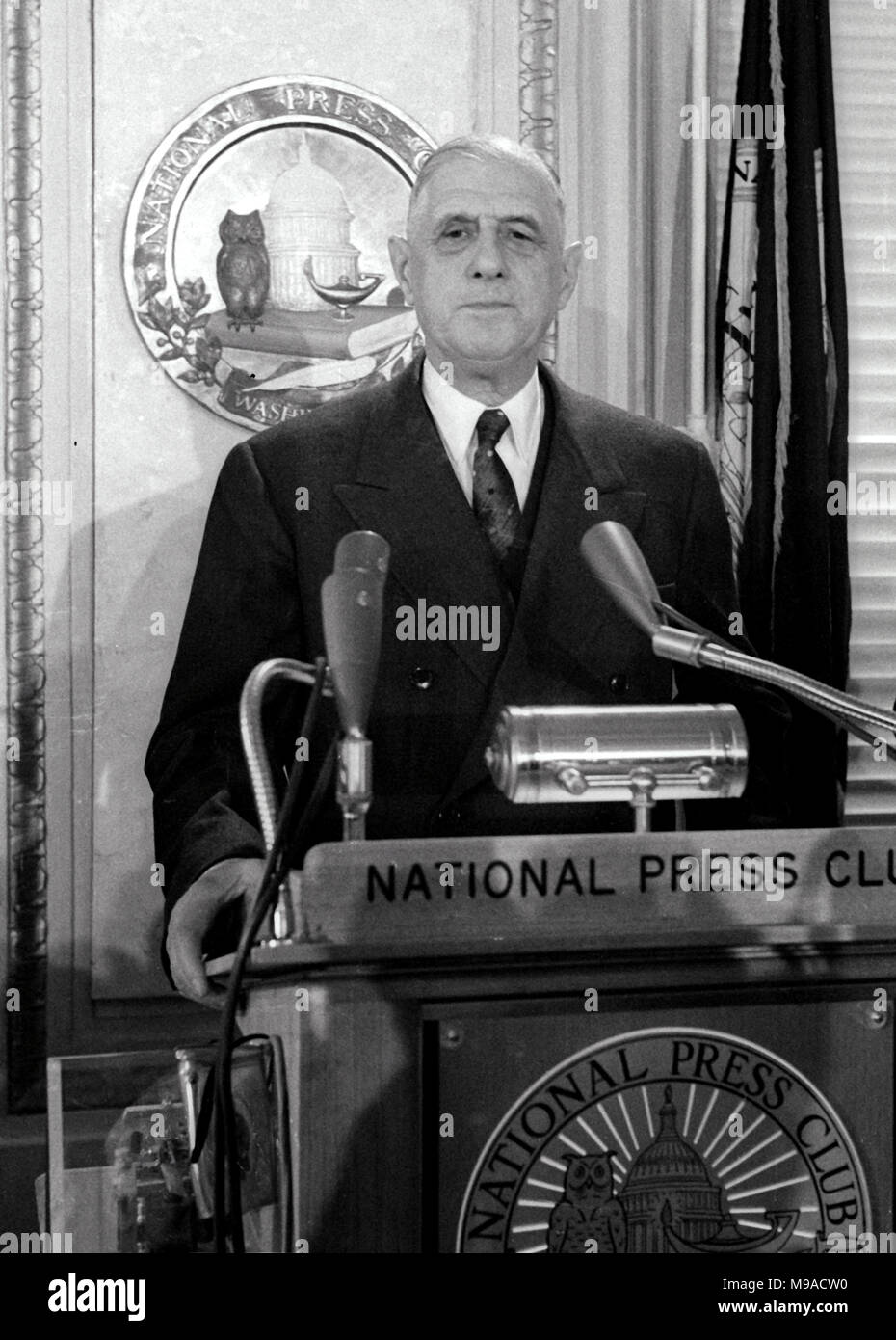 President Charles de Gaulle of France speaks at the National Press Club in Washington, DC on April 23, 1960. President de Gaulle is in Washington for a State visit to focus on talks with United States President Dwight D. Eisenhower in anticipation of the upcoming Big Four summit in May in Paris. It will be the first such meeting of leaders from the US, Great Britain, France, and the Soviet Union since World War II. Credit: Benjamin E. 'Gene' Forte / CNP     - NO WIRE SERVICE · Photo: Benjamin E. 'gene' Forte/Consolidated News Photos/Benjamin E. 'Gene' Forte - CNP Stock Photo
