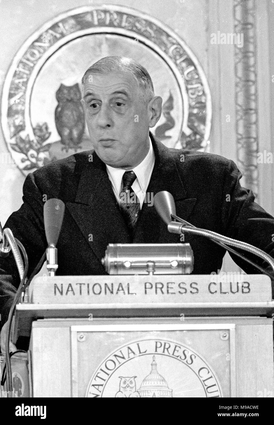 President Charles de Gaulle of France speaks at the National Press Club in Washington, DC on April 23, 1960. President de Gaulle is in Washington for a State visit to focus on talks with United States President Dwight D. Eisenhower in anticipation of the upcoming Big Four summit in May in Paris. It will be the first such meeting of leaders from the US, Great Britain, France, and the Soviet Union since World War II. Credit: Benjamin E. 'Gene' Forte / CNP     - NO WIRE SERVICE · Photo: Benjamin E. 'gene' Forte/Consolidated News Photos/Benjamin E. 'Gene' Forte - CNP Stock Photo