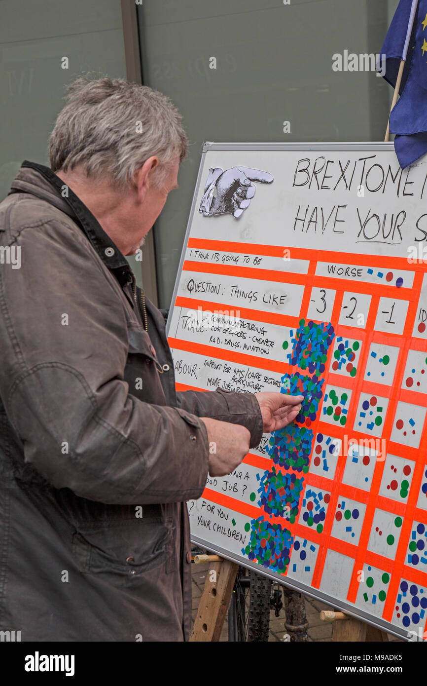 People in Shrewsbury, England, being asked about their opinion on Brexit on the future of the UK. People could place stickers on a Brexitometer board to signify their opinions on a number of matters relating the UK post Brexit. Stock Photo