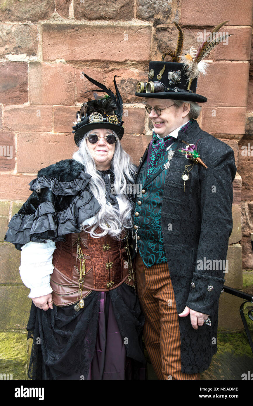 Steampunk Festival in Shrewsbury, England. MA couple dressed in Steampunk type costume. Stock Photo