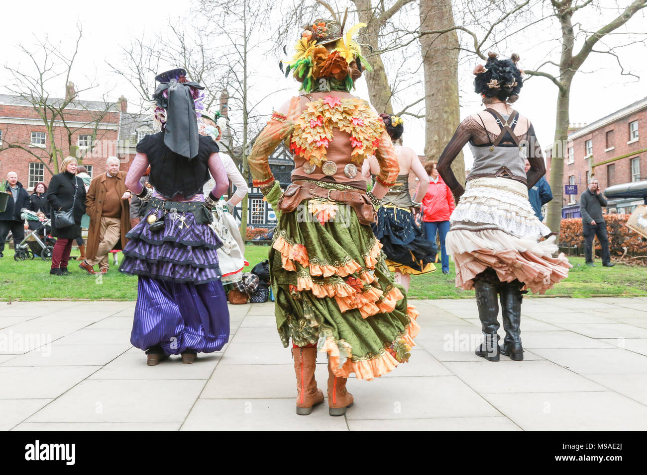 Women performing a steampunk dance. Steampunk is a style of fashion that combines historical elements and anachronistic technology, often inspired by Edwardian science fiction. Peter Lopeman/Alamy Live News Stock Photo