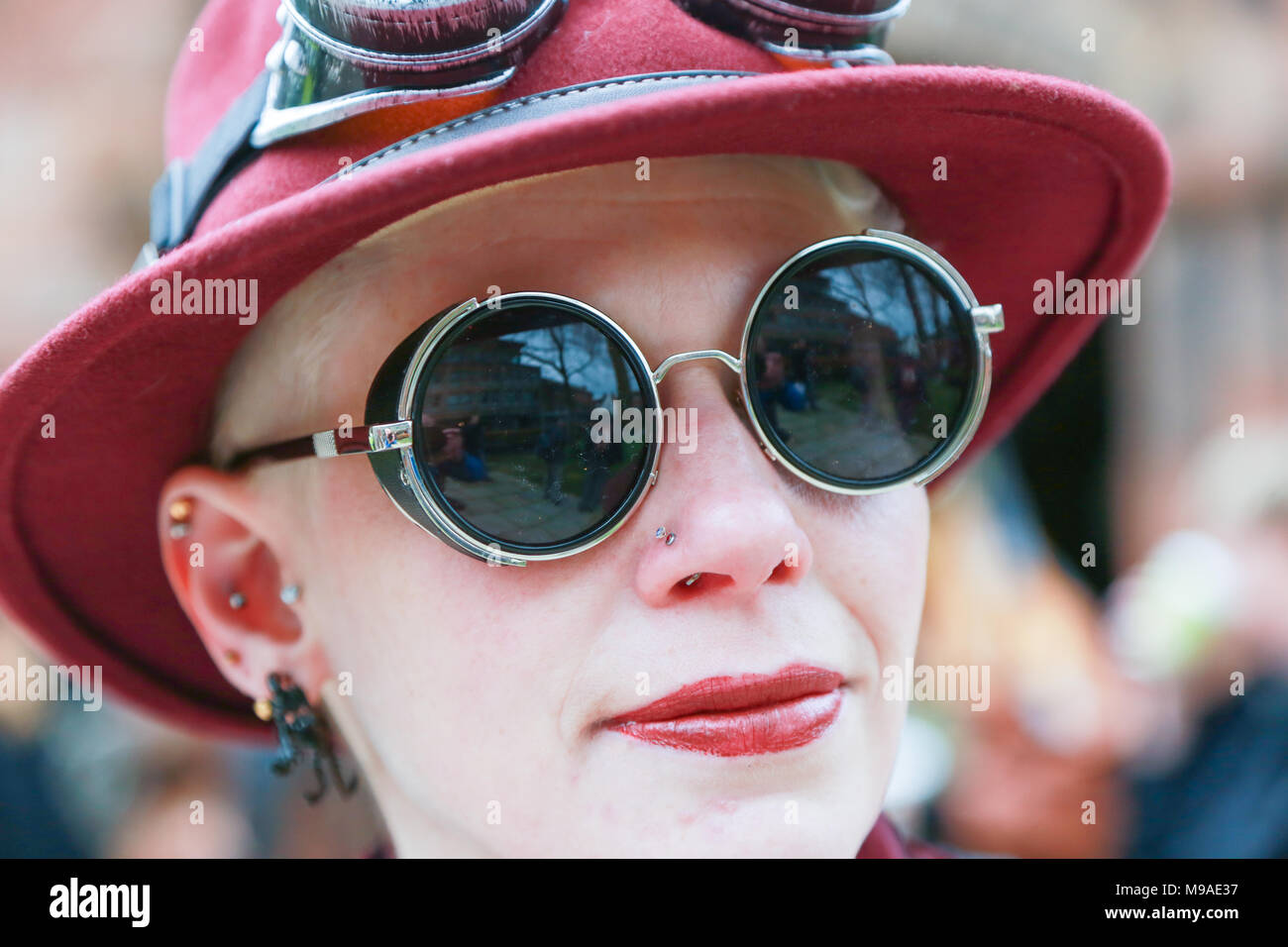Shrewsbury, Shropshire, UK, 24th March, 2018.  Particpants dress in the weird and wonderful at Shrewsbury's inaugural Steampunk Festival at St Mary's Church. Steampunk is a style of fashion that combines historical elements and anachronistic technology, often inspired by Edwardian science fiction. Peter Lopeman/Alamy Live News Stock Photo