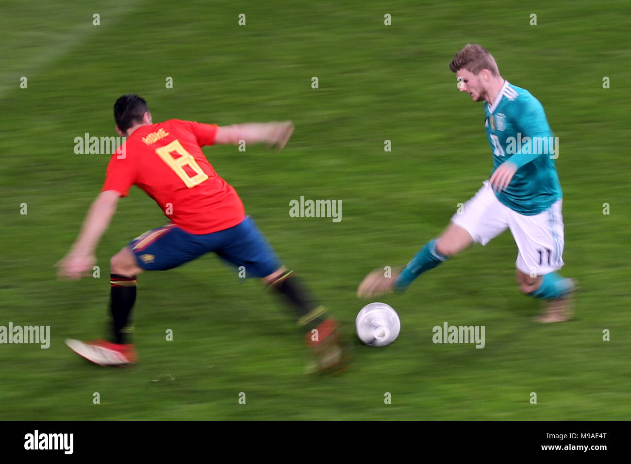 Soccer: Friendly match, Germany vs Spain, 23 March 2018 in the ESPRIT arena, Duesseldorf, Germany: Germany's Timo Werner (R) and Spain's Koke vying for the ball. Photo: Christian Charisius/dpa Stock Photo