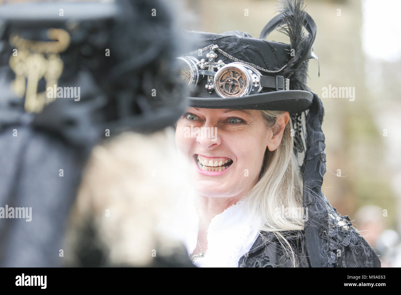 Person dressed in steampunk clothes. Steampunk is a style of fashion that combines historical elements and anachronistic technology, often inspired by Edwardian science fiction. Peter Lopeman/Alamy Live News Stock Photo