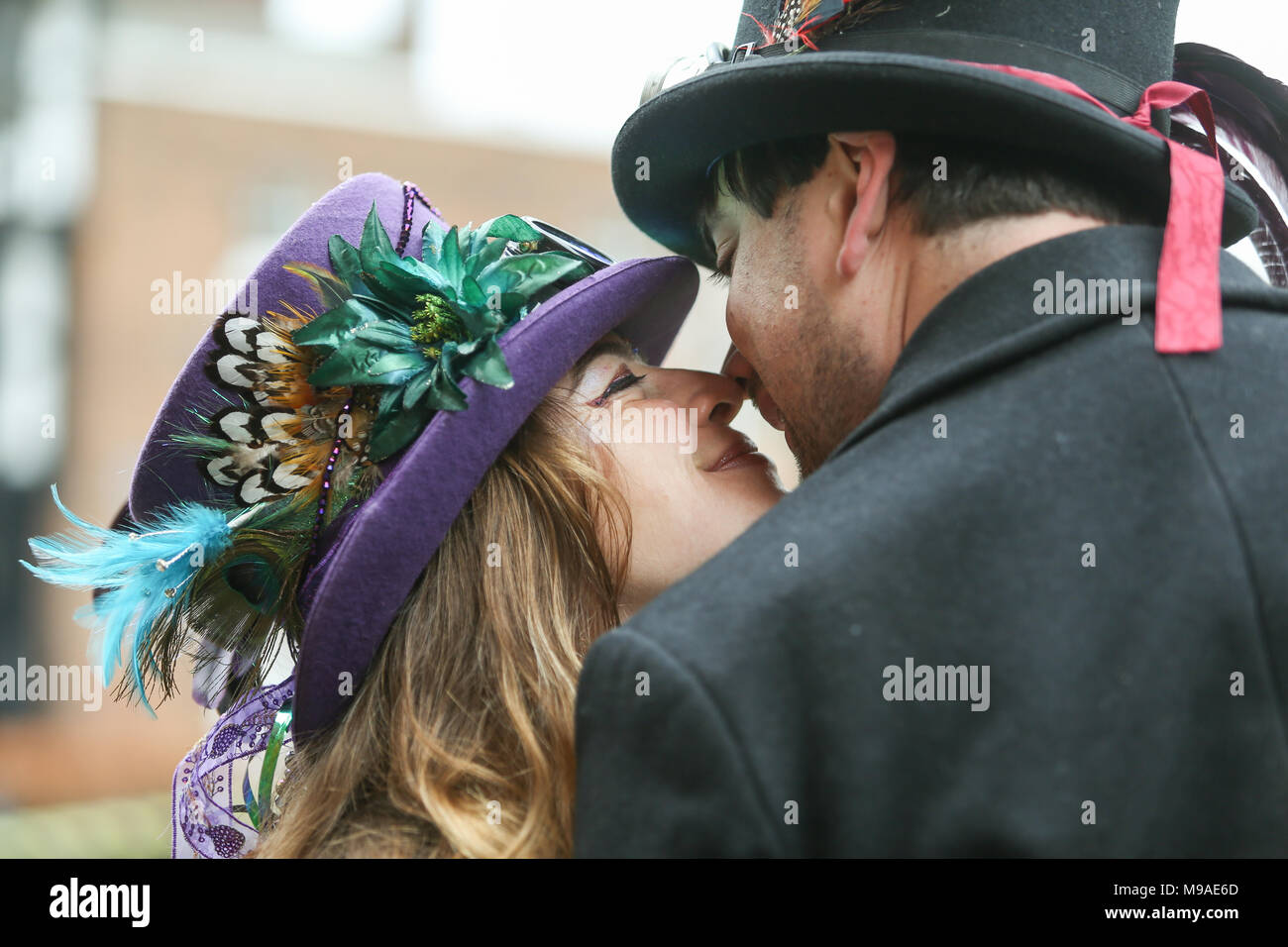 Two people almost kissing, dressed in steampunk style.Steampunk is a style of fashion that combines historical elements and anachronistic technology, often inspired by Edwardian science fiction. Peter Lopeman/Alamy Live News Stock Photo