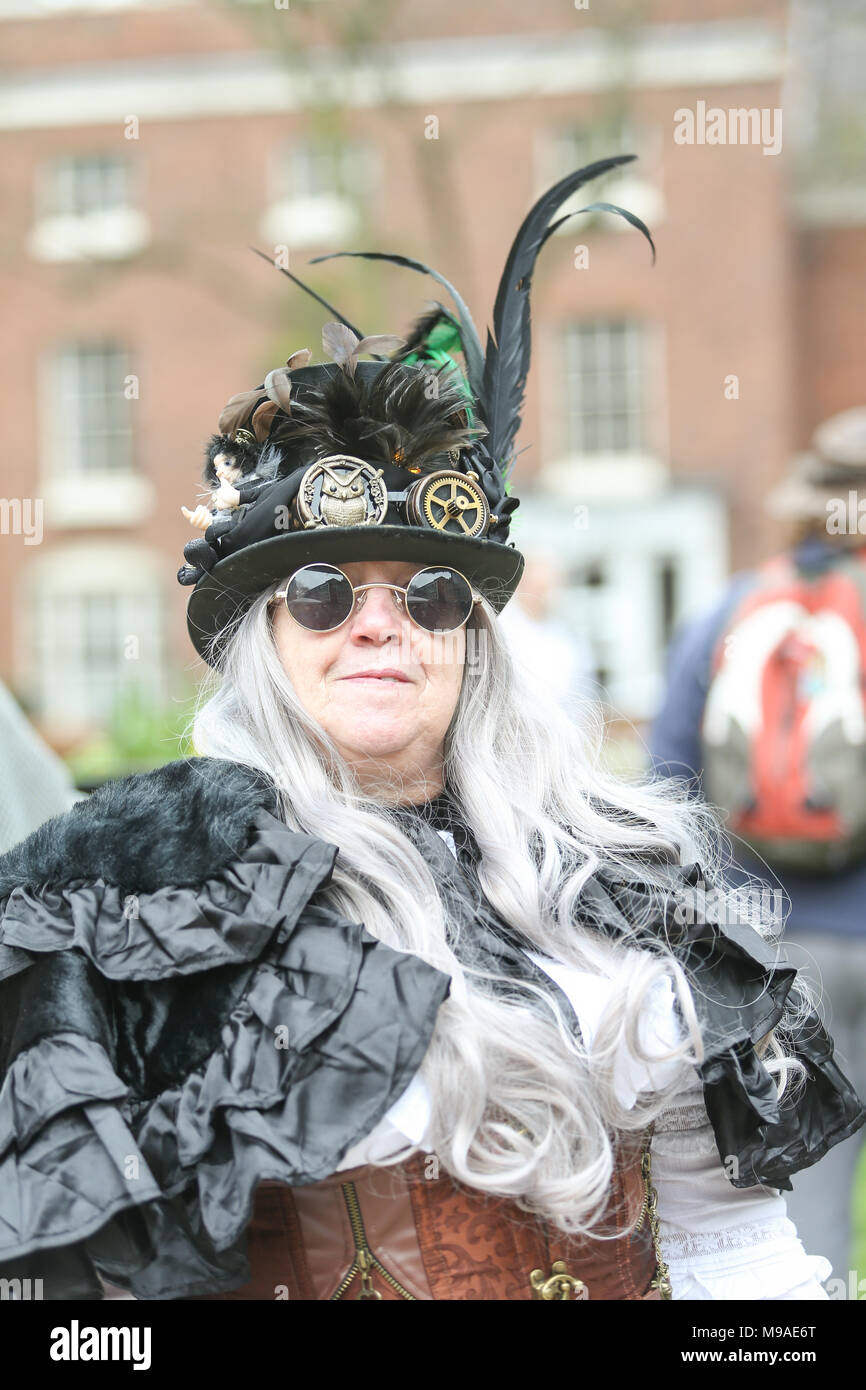 Person dressed in steampunk clothes. Steampunk is a style of fashion that combines historical elements and anachronistic technology, often inspired by Edwardian science fiction. Peter Lopeman/Alamy Live News Stock Photo