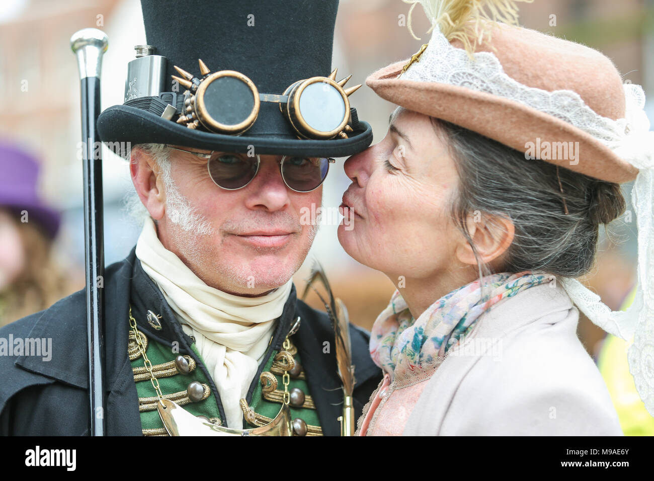 Two people dressed in steampunk style close up portrait. Steampunk is a style of fashion that combines historical elements and anachronistic technology, often inspired by Edwardian science fiction. Peter Lopeman/Alamy Live News Stock Photo