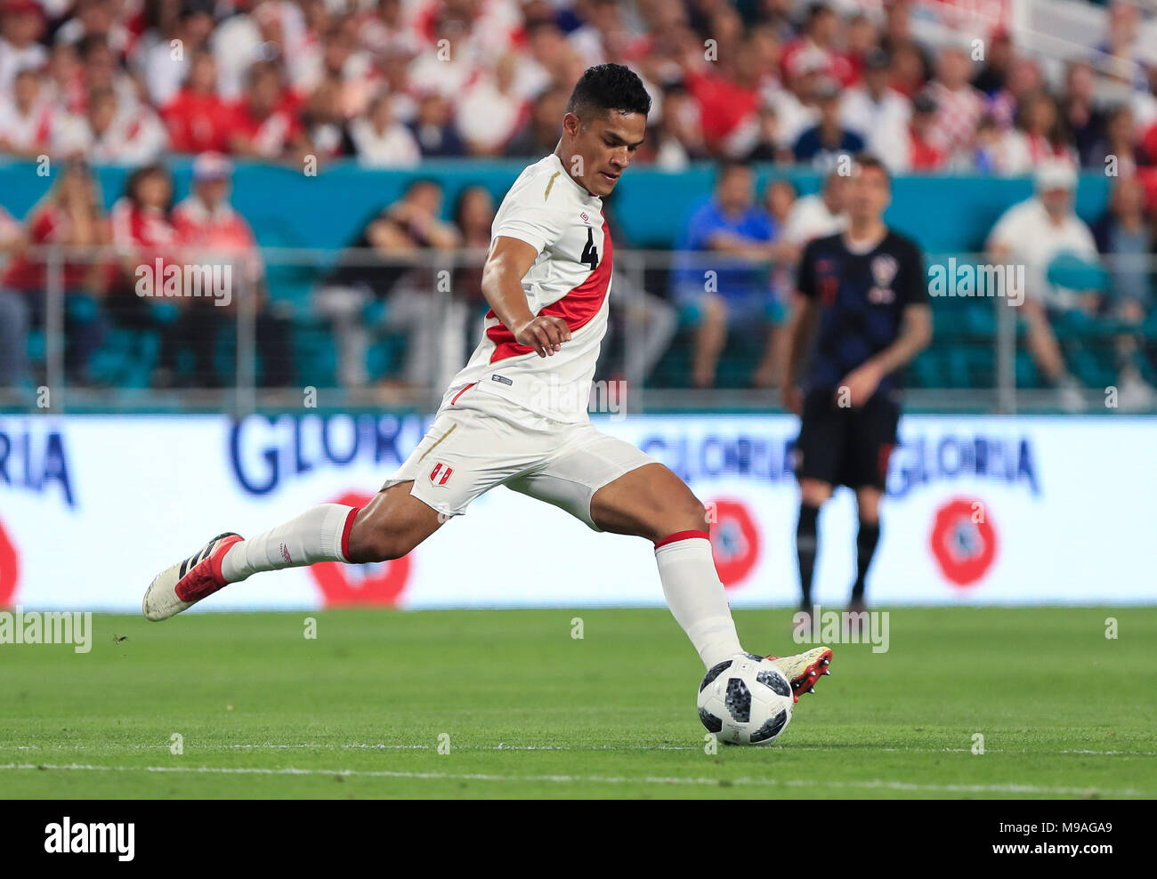 Miami Gardens, Florida, USA. 23rd Mar, 2018. Peru midfielder Anderson Santamaria (4) in action during a FIFA World Cup 2018 preparation match between the Peru National Soccer Team and the Croatia National Soccer Team at the Hard Rock Stadium in Miami Gardens, Florida. Credit: Mario Houben/ZUMA Wire/Alamy Live News Stock Photo