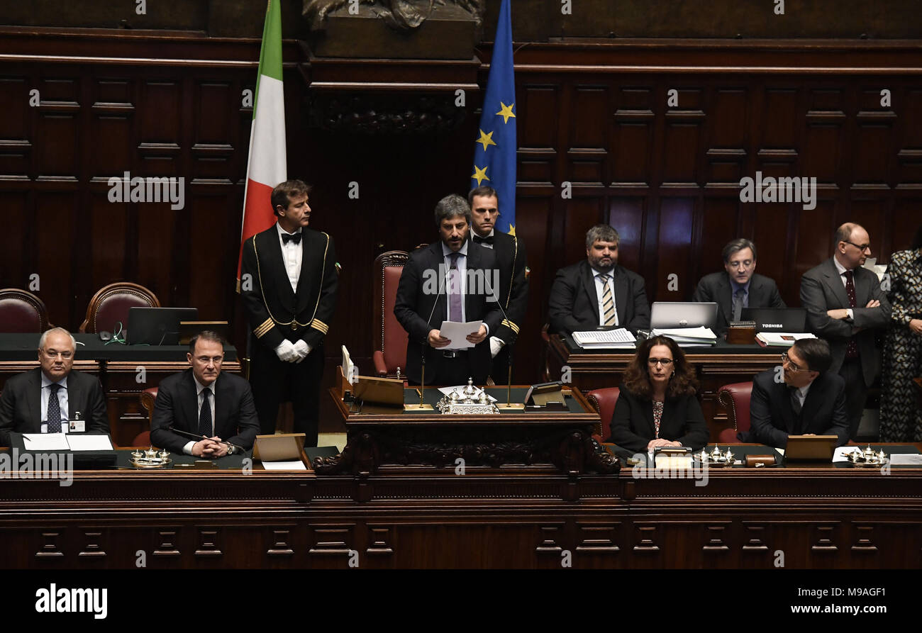 Rome. 24th Mar, 2018. Newly elected lower house speaker Roberto Fico (C) speaks at the lower house of parliament in Rome, Italy, on March 24, 2018. Italy's center-right bloc and the anti-establishment Five Star Movement joined forces Saturday to elect a speaker for each chamber of parliament, in what could be a test run for a possible government alliance in the wake of an inconclusive March 4 general election. Credit: Xinhua/Alamy Live News Stock Photo