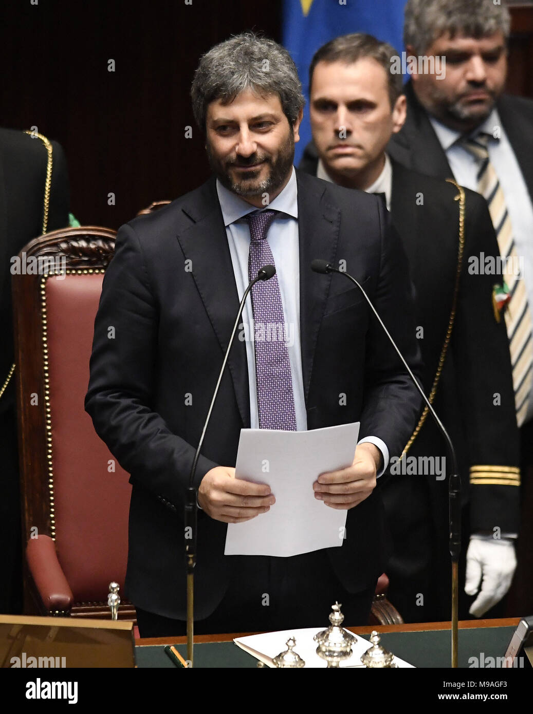 Rome. 24th Mar, 2018. Newly elected lower house speaker Roberto Fico speaks at the lower house of parliament in Rome, Italy, on March 24, 2018. Italy's center-right bloc and the anti-establishment Five Star Movement joined forces Saturday to elect a speaker for each chamber of parliament, in what could be a test run for a possible government alliance in the wake of an inconclusive March 4 general election. Credit: Xinhua/Alamy Live News Stock Photo