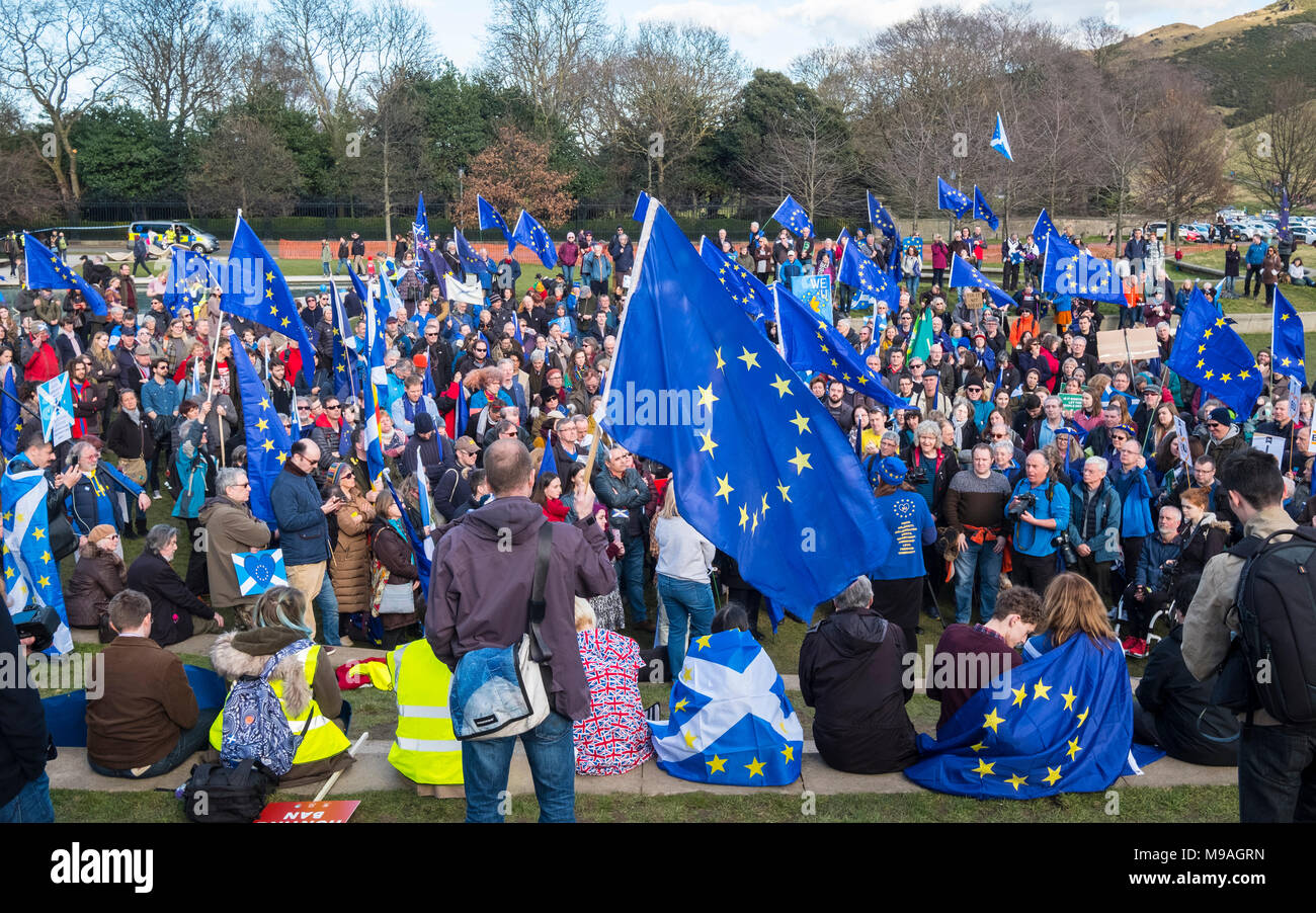 Edinburgh, Scotland,UK. 24 March 2018. March for Europe: Democracy on Brexit march and demonstration outside the Scottish Parliament at Holyrood today.  Large crowd of pro-Europe anti-Brexit protestors met to listen to speeches. Credit: Iain Masterton/Alamy Live News Stock Photo