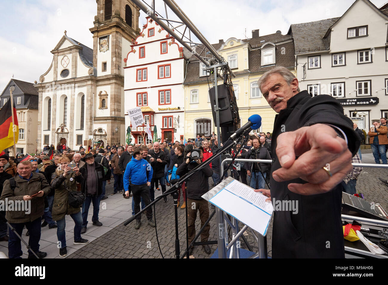 24 March 2018, Germany, Hachenburg: Uwe Junge, chairman of the AfD's fraction in the Rhineland-Palatinate Landtag (State Legislature) speaking during an AfD rally protesting the construction of a DITIB mosque in Hachenburg. The local DITIB muslim community is currently in the process of building a mosque in the small city in the Westerwald. The Turkish muslim umbrella organisation DITIB is the object of criticism across Germany due to its perceived closeness to the Turkish government. Photo: Thomas Frey/dpa Stock Photo