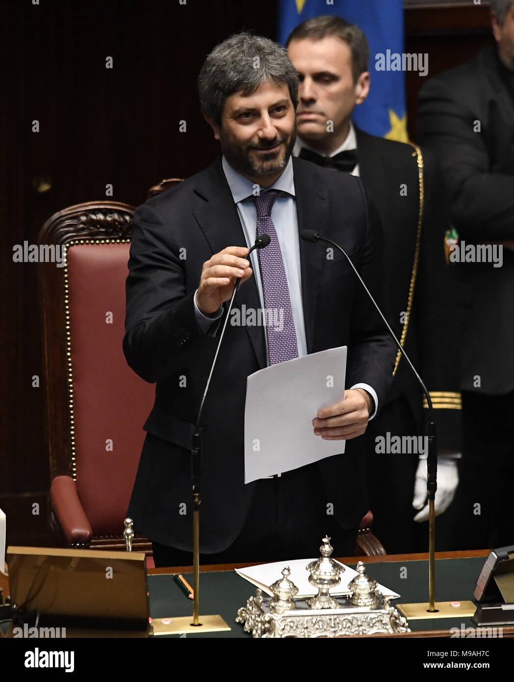 Rome. 24th Mar, 2018. Newly elected lower house speaker Roberto Fico speaks at the lower house of parliament in Rome, Italy, on March 24, 2018. Italy's center-right bloc and the anti-establishment Five Star Movement joined forces Saturday to elect a speaker for each chamber of parliament, in what could be a test run for a possible government alliance in the wake of an inconclusive March 4 general election. Credit: Xinhua/Alamy Live News Stock Photo