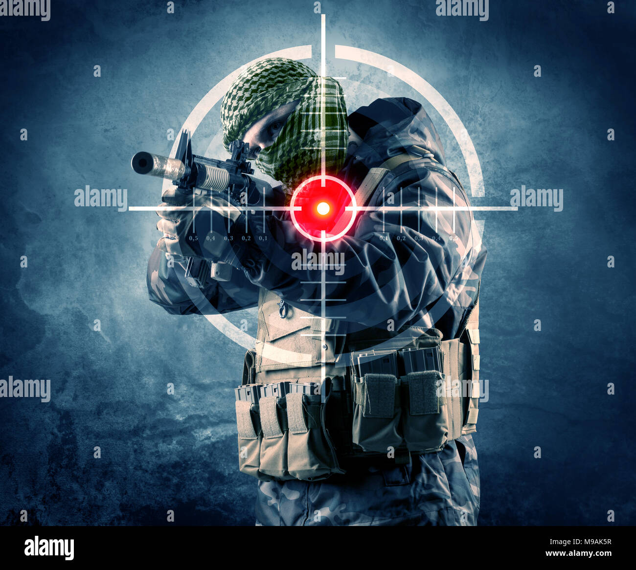 Masked terrorist man with gun and laser target on his body concept  Stock Photo