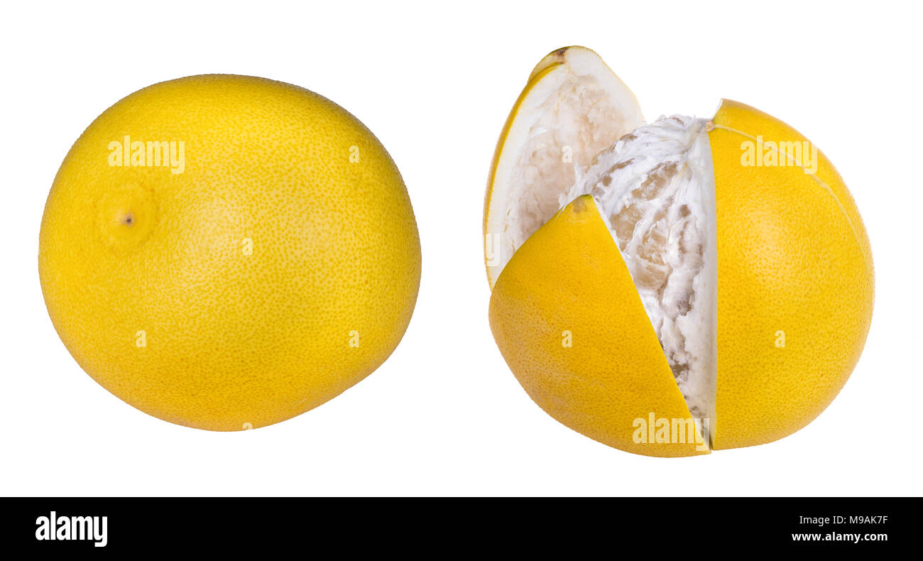 Close-up of two pomelos. Citrus grandis. Tropical citrus fruits with yellow peel, whole or partly cut open and peeled. Isolated on white background. Stock Photo