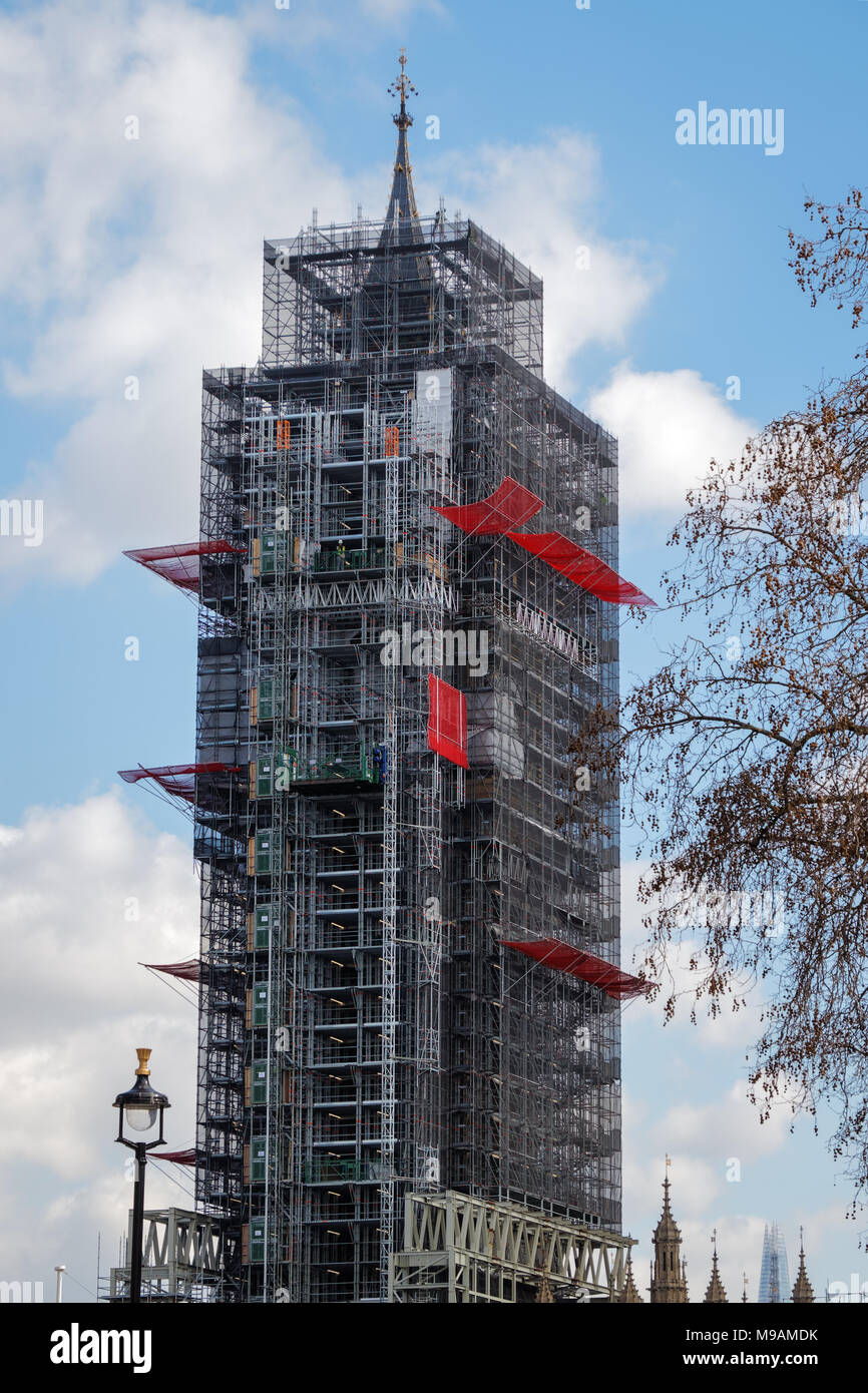 LONDON/UK MARCH 21 View of Big Ben Covered in Scaffolding in London