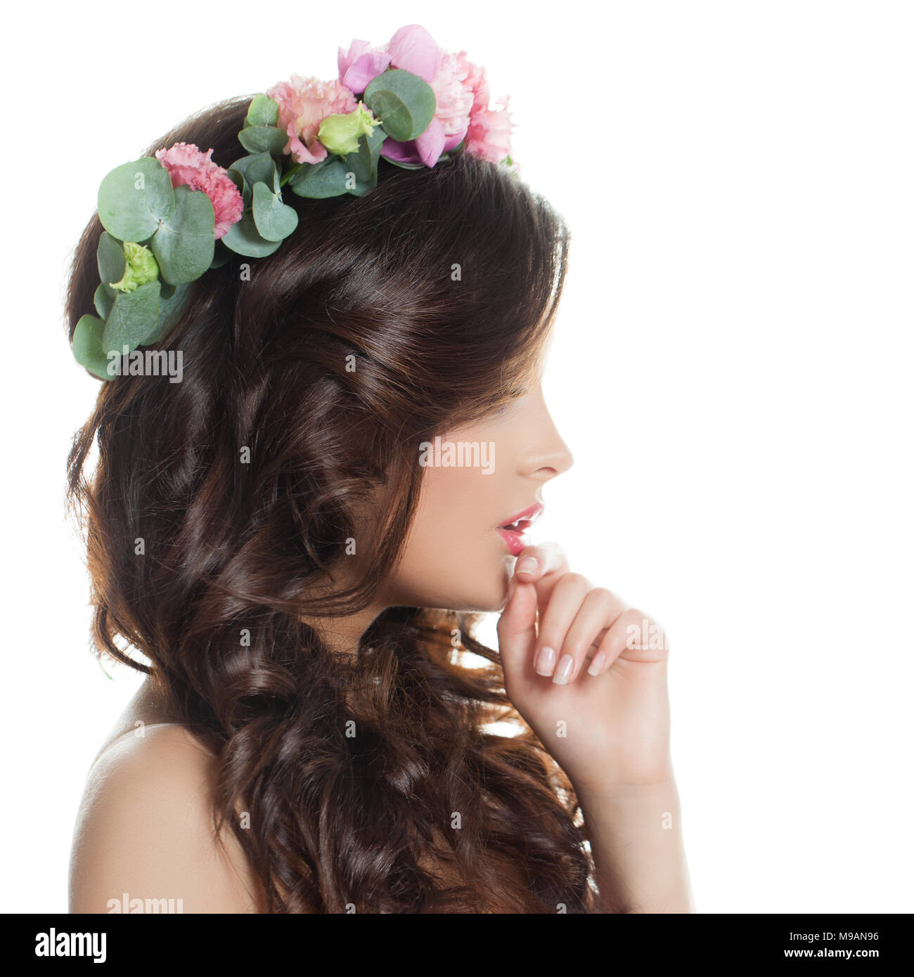 Isolated Woman Fashion Model With Long Curly Hair Fresh Skin And