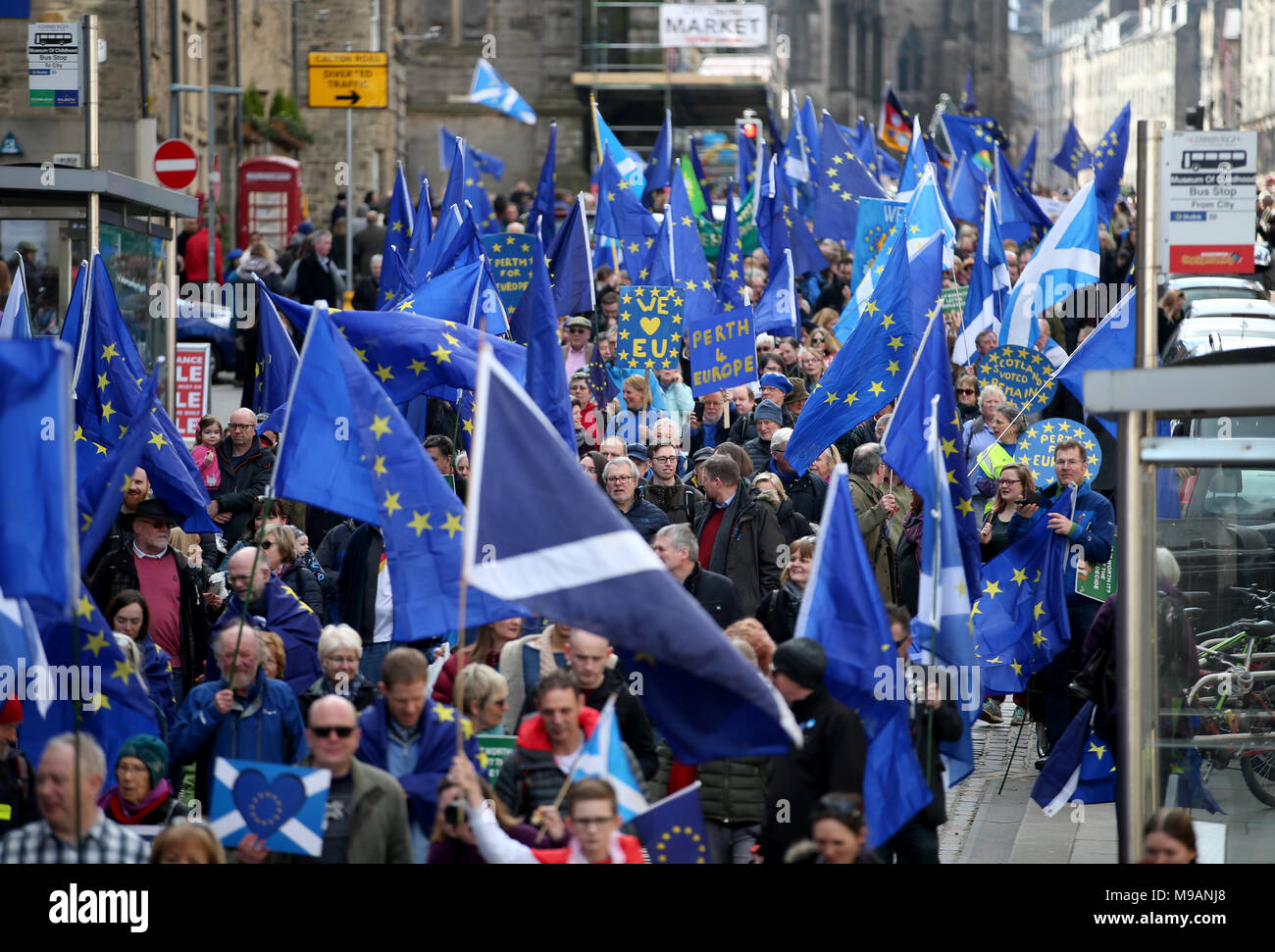 Demonstrators at a Brexit protest march in Edinburgh, which is demanding a final vote on the Brexit deal. Stock Photo