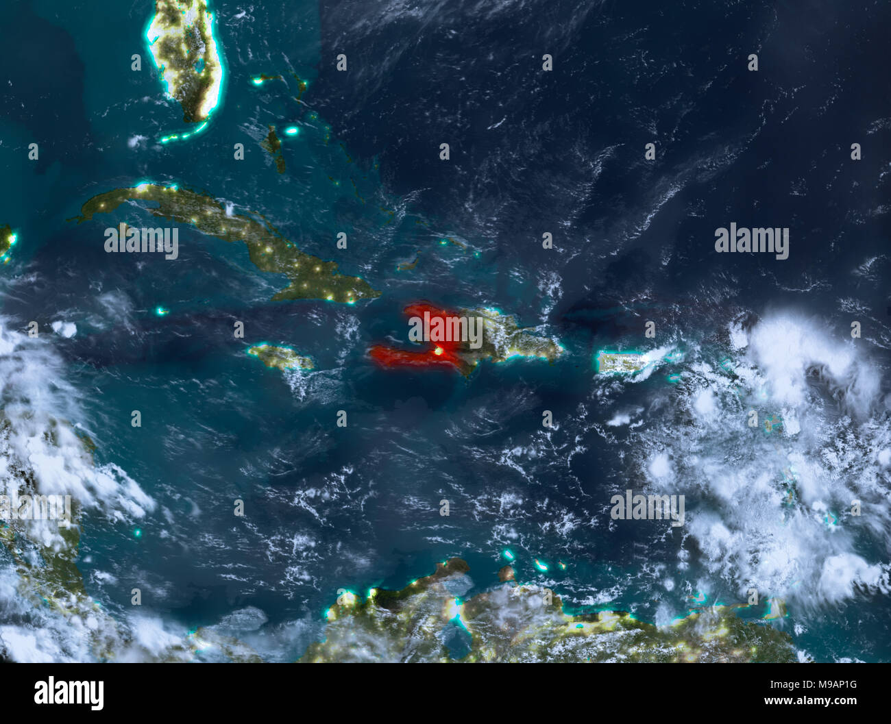 Country of Haiti in red on planet Earth with clouds at night. 3D ...