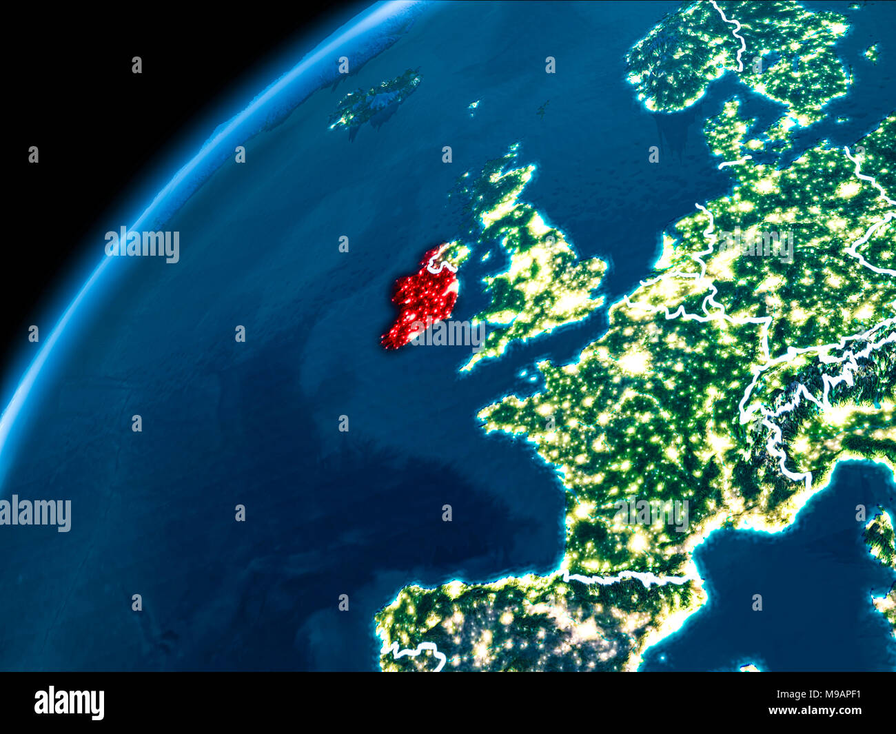 Ireland highlighted in red from Earth’s orbit at night with visible ...